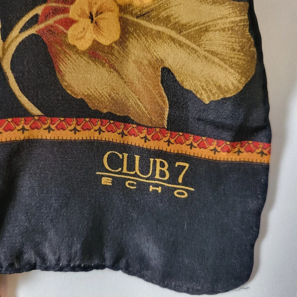 Vintage 1990s Club 7 by Echo Silk Scarf Black Autumn Leaves Botanical Classic